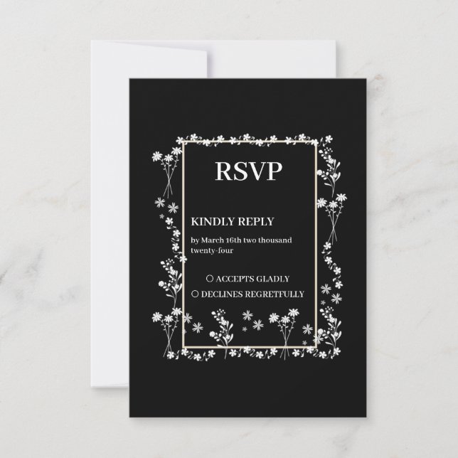 Black Floral Border Wedding RSVP Karte (Vorderseite)