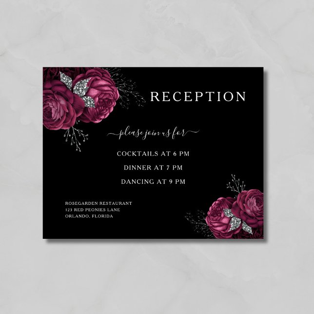 Black Floral Burgundy Peonies Hochzeitsempfang Begleitkarte (Black Floral Burgundy Peonies Wedding Reception Enclosure Card)