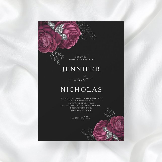 Black Floral Burgundy Peonies Wedding Einladung (Von Creator hochgeladen)