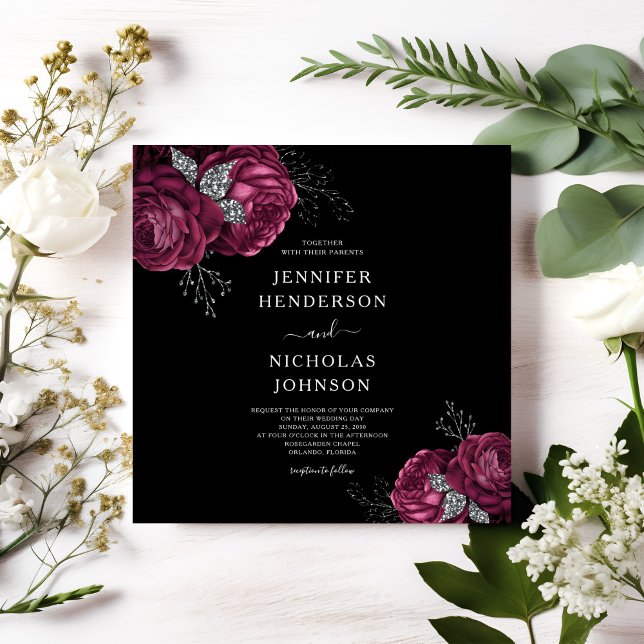 Black Floral Burgundy Peonies Wedding Einladung (Black Floral Burgundy Peonies Wedding Invitation)