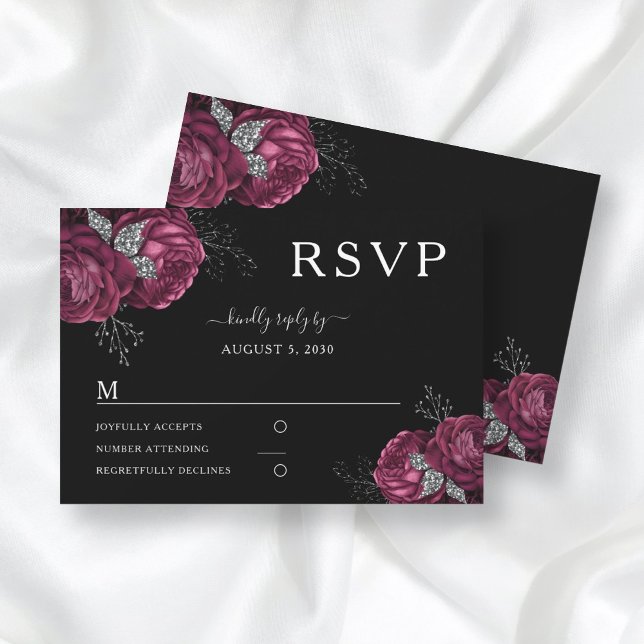 Black Floral Burgundy Peonies Wedding RSVP Karte (Von Creator hochgeladen)