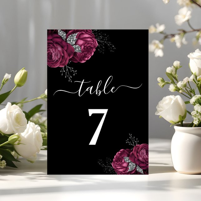 Black Floral Burgundy Peonies Wedding Tischnummer (Black Floral Burgundy Peonies Wedding Table Number)