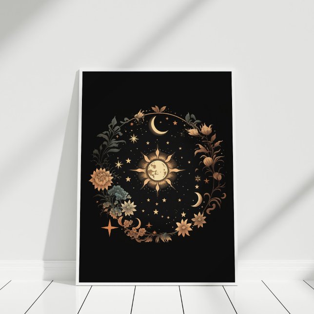 Black Floral Celestial Boho Wall Art Poster (Black Floral Celestial Boho Wall Art in a white frame against white wall.)