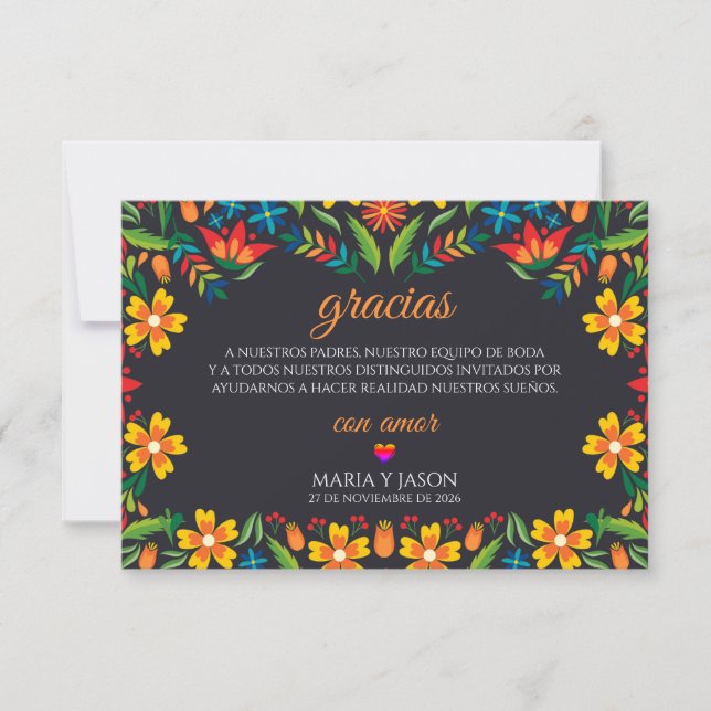 Black Floral Colorful Botanical Spanish Wedding Dankeskarte (Vorderseite)
