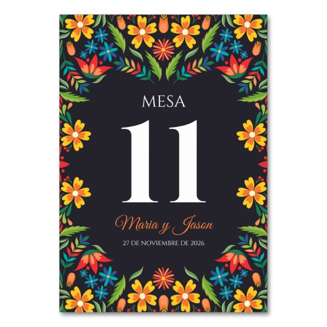 Black Floral Colorful Botanical Spanish Wedding Tischnummer (Vorderseite)