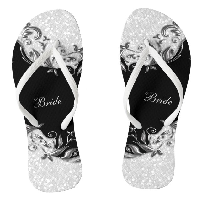 Black Floral & Confetti Glitzer | Hochzeit Flip Flops (Fußbett)