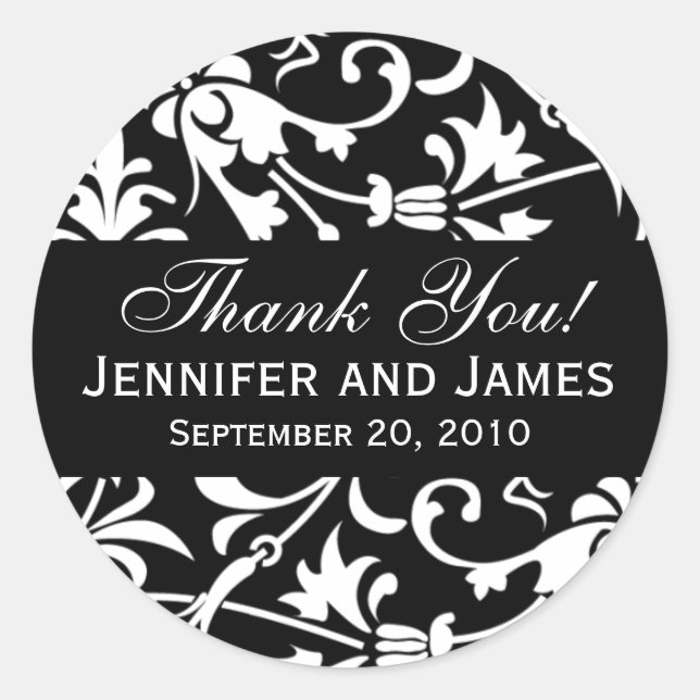 Black Floral Damask Wedding Danke Labels Runder Aufkleber (Vorderseite)