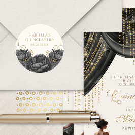 Black Floral Elegant Quinceanera Runder Aufkleber