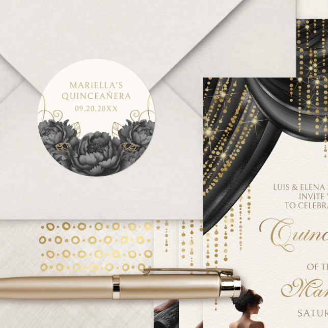 Black Floral Elegant Quinceanera Runder Aufkleber (Von Creator hochgeladen)
