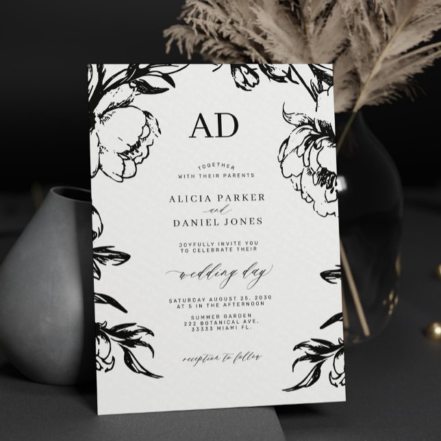 Black floral elegant wedding einladung (Von Creator hochgeladen)