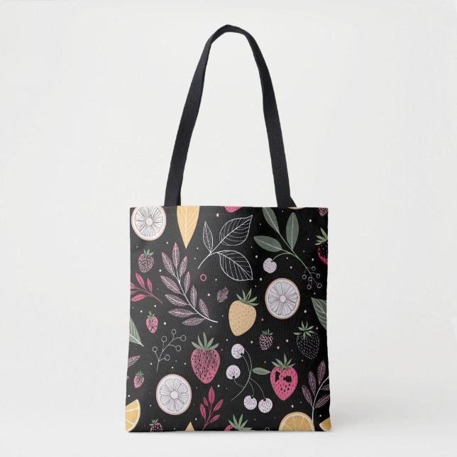 "Black Floral Fruit Pattern Tote Bag" (Vorderseite)
