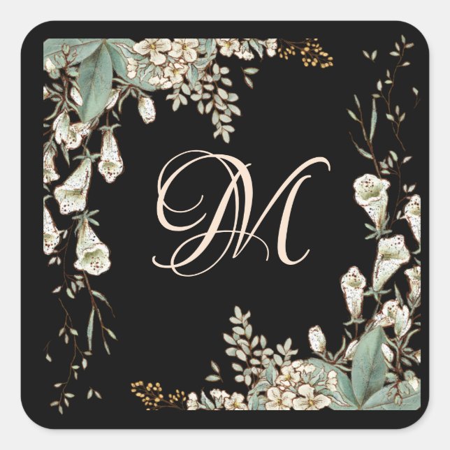 Black Floral Garland Script Monogram Elegant Quadratischer Aufkleber (Vorderseite)