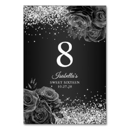 Black Floral Glam Silver Glitzer 16 . Geburtstag Tischnummer