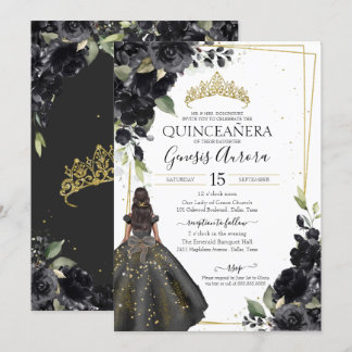 Black Floral Gold Akzent Elegante Quinceanera Einladung