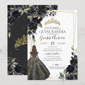 Black Floral Gold Akzent Elegante Quinceanera Einladung