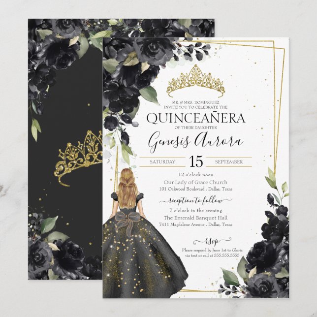 Black Floral Gold Akzent Elegante Quinceanera Einladung (Vorne/Hinten)