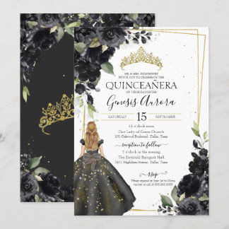 Black Floral Gold Akzent Elegante Quinceanera Einladung