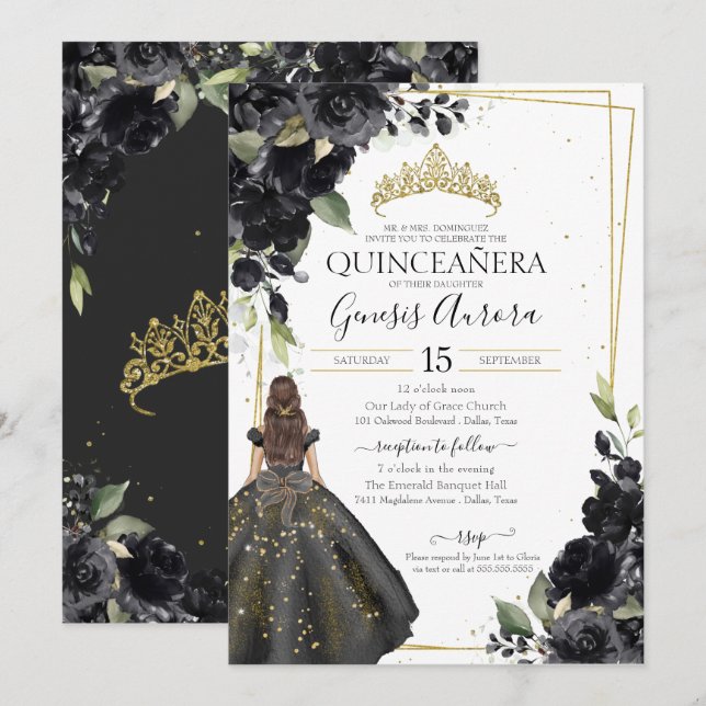 Black Floral Gold Akzent Elegante Quinceanera Invi Einladung (Vorne/Hinten)