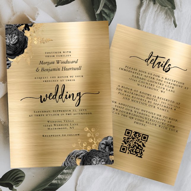 Black Floral Gold Brushed Metal QR Code Wedding Einladung (Von Creator hochgeladen)