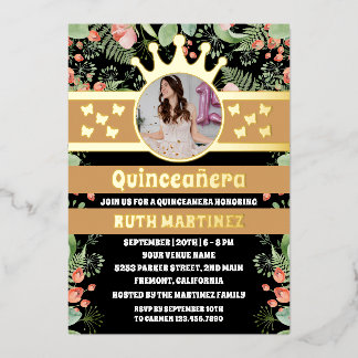 Black Floral Gold Butterfly Quinceanera Foto Folieneinladung
