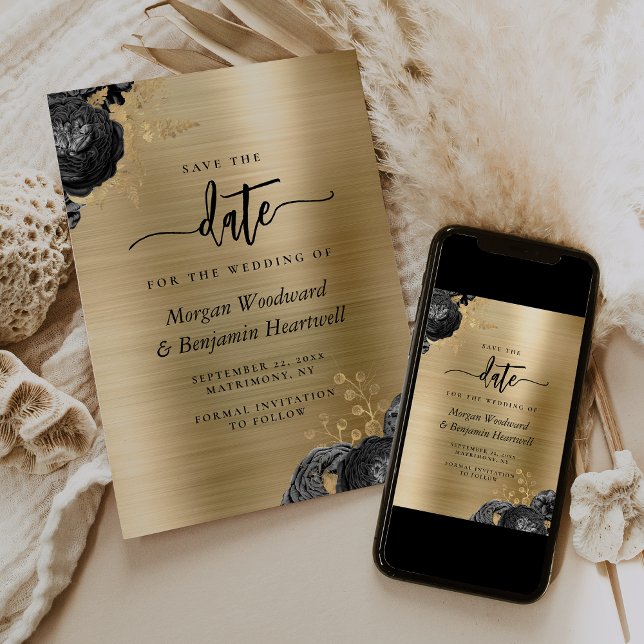 Black Floral Gold Glam Wedding Save the Date Einladung (Von Creator hochgeladen)