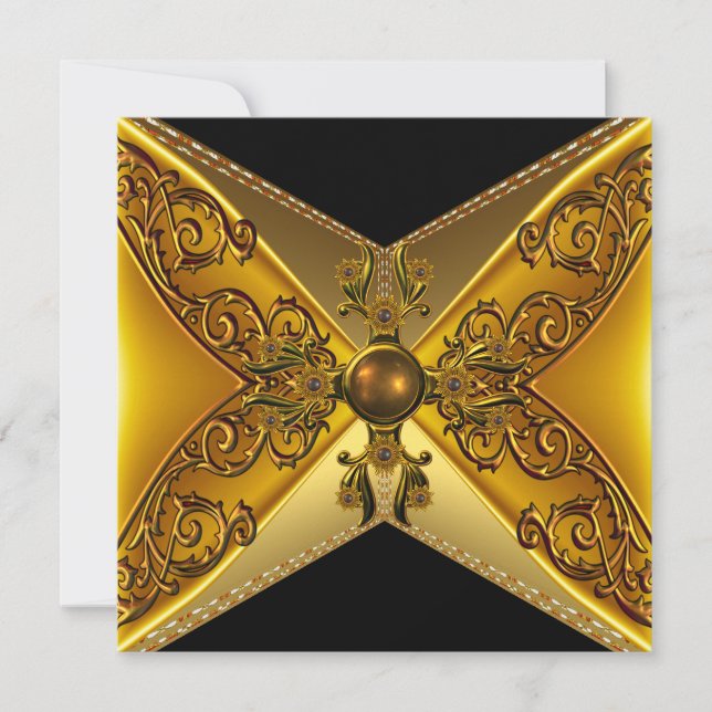 Black Floral Gold Jewel 50. Geburtstag Einladung (Vorderseite)