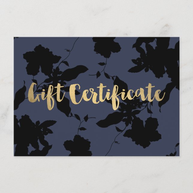 Black Floral Gold Text Blue Geschenkgutschein (Vorderseite)