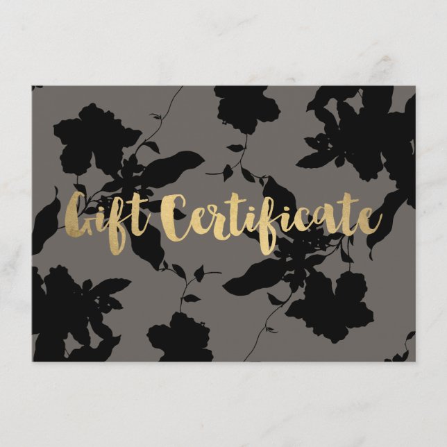 Black Floral Gold Text Grau Geschenkgutschein (Vorderseite)