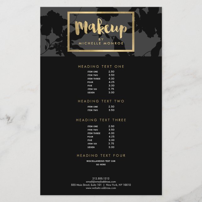 Black Floral Gold Text Makeup Artist Flyer (Vorne)