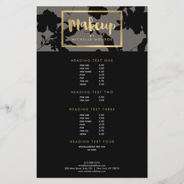 Black Floral Gold Text Makeup Artist Grau Flyer (Vorne)
