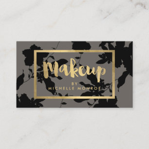 Black Floral Gold Text Makeup Artist Grau Visitenkarte