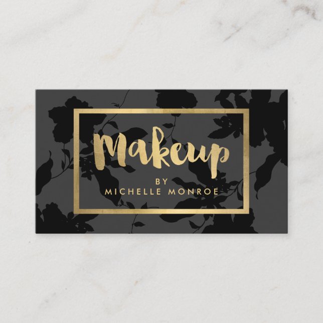 Black Floral Gold Text Makeup Artist Visitenkarte (Vorderseite)