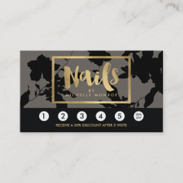 Black Floral Gold Text Nail Salon Grau Loyalität Treuekarte