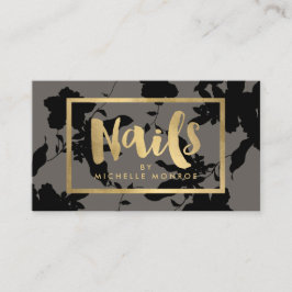 Black Floral Gold Text Nail Salon Grau Visitenkarte
