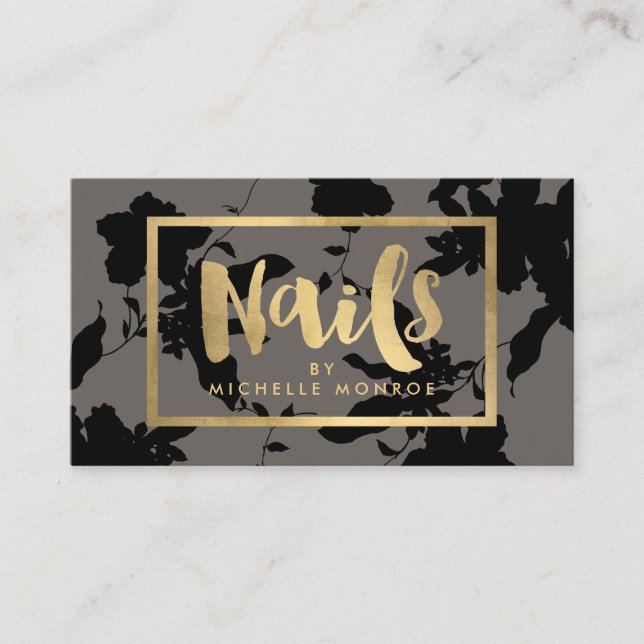Black Floral Gold Text Nail Salon Grau Visitenkarte (Vorderseite)