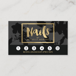 Black Floral Gold Text Nail Salon Loyalty Card Treuekarte