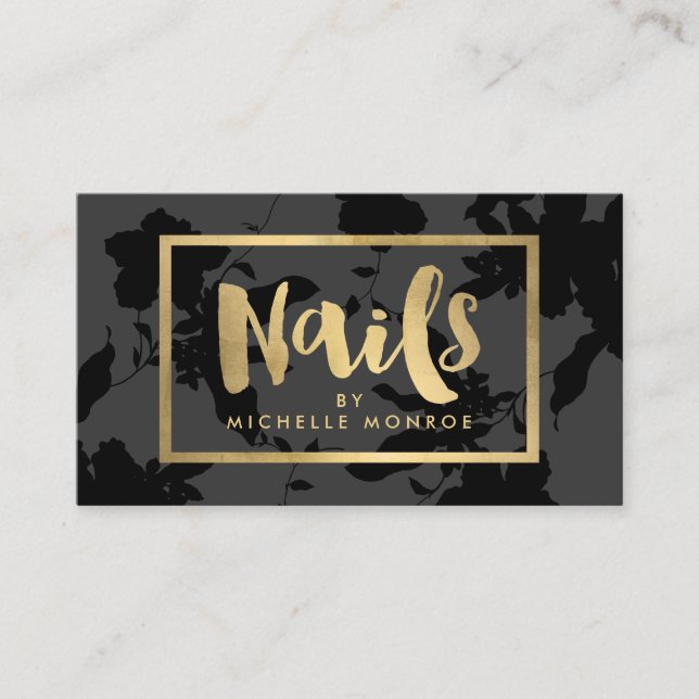 Black Floral Gold Text Nail Salon Visitenkarte (Vorderseite)