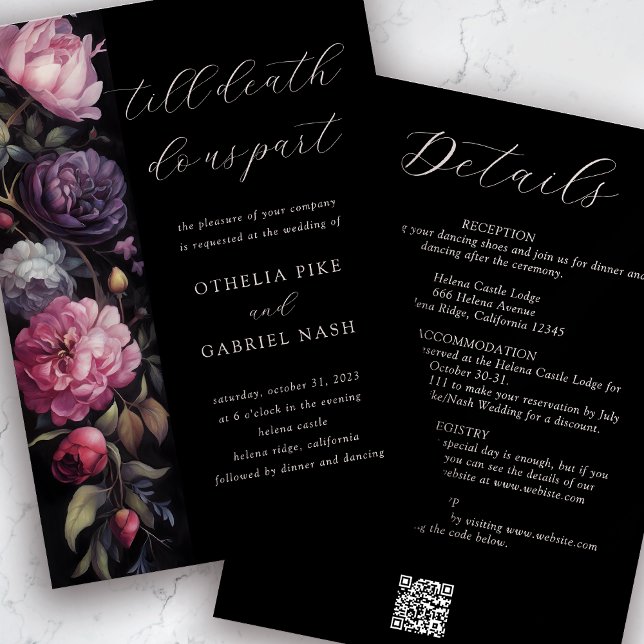 Black Floral Gothic All in One QR Code Hochzeit Einladung (Von Creator hochgeladen)