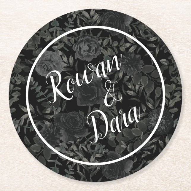 Black Floral Gothic Wedding Runder Pappuntersetzer (Vorderseite)