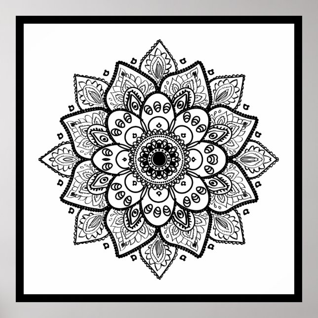 Black Floral Mandala On White Poster (Vorne)