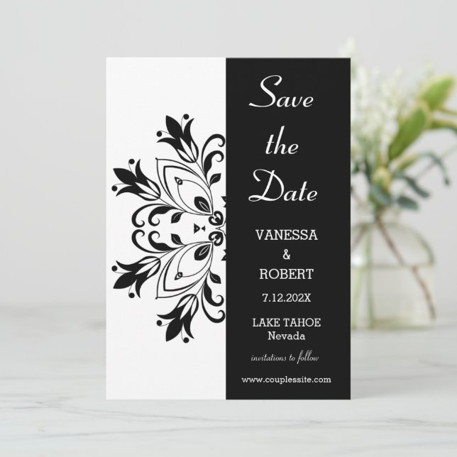 Black Floral Mandala Save The Date (Stehend Vorderseite)