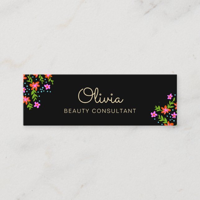 Black Floral Mini Signature Script Business Card Mini Visitenkarte (Vorderseite)