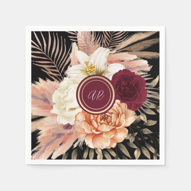 Black Floral Monogram Serviette (Vorderseite)