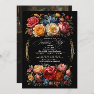 Black Floral Moody Botanical Chic Graduation Party Einladung