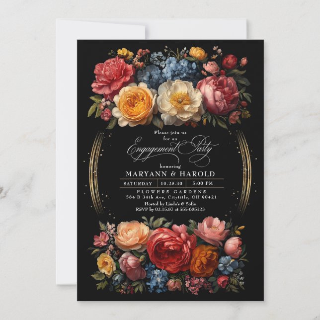 Black Floral Moody Botanische Chic Engagement Part Einladung (Vorderseite)