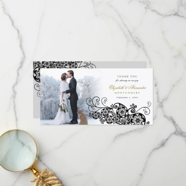 Black Floral Paisley Boho Elegant Wedding Foto Dankeskarte (Vorderseite/Rückseite Beispiel)