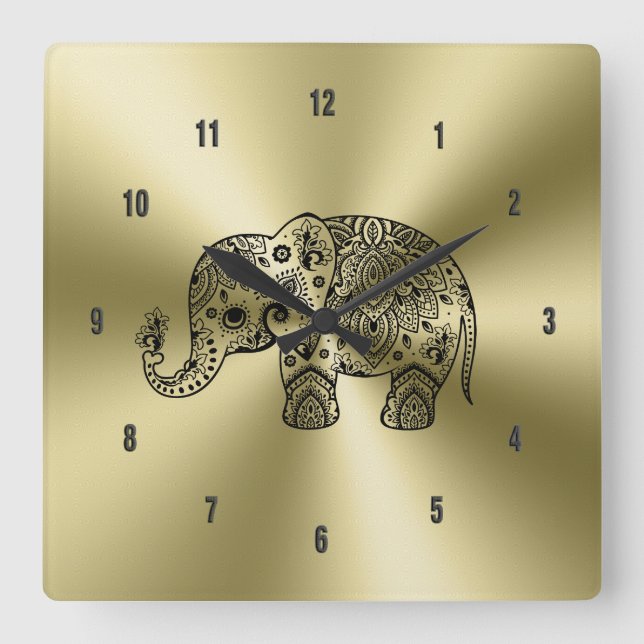 Black Floral Paisley Elephant Gold Stainless Steel Quadratische Wanduhr (Vorderseite)