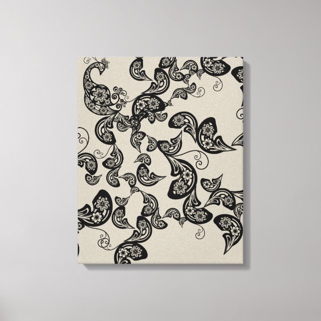 Black Floral Peacock Deko Art Canvas Print (Vorderseite)