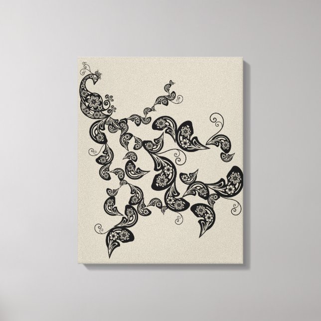 Black Floral Peacock Deko Art Canvas Print (Vorderseite)