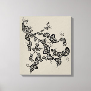 Black Floral Peacock Deko Art Canvas Print
